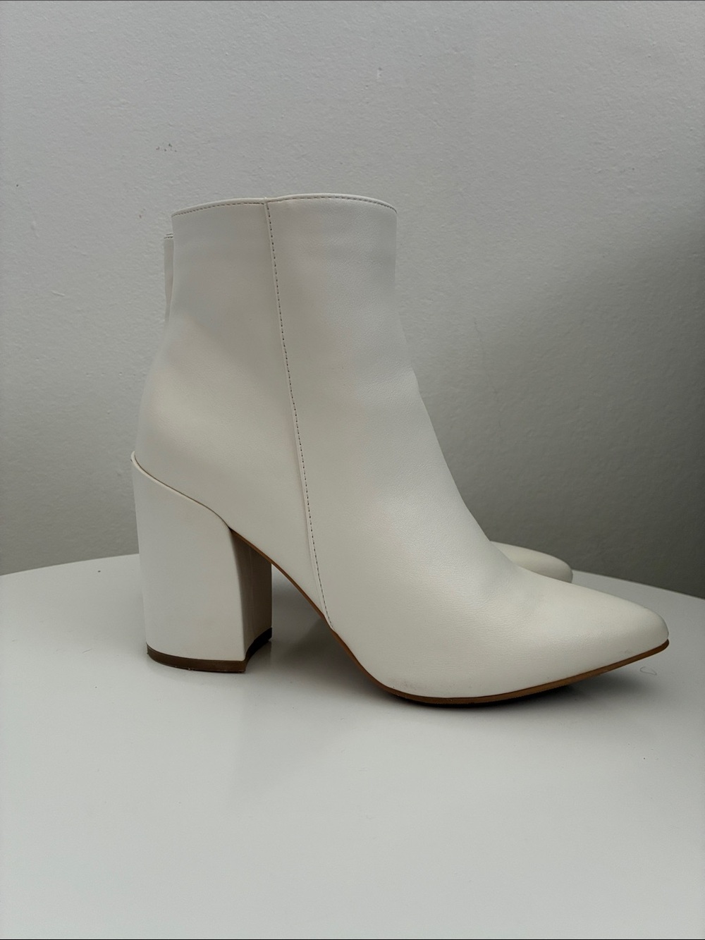Sugar White Pointed Toe Block Heel Ankle Boots